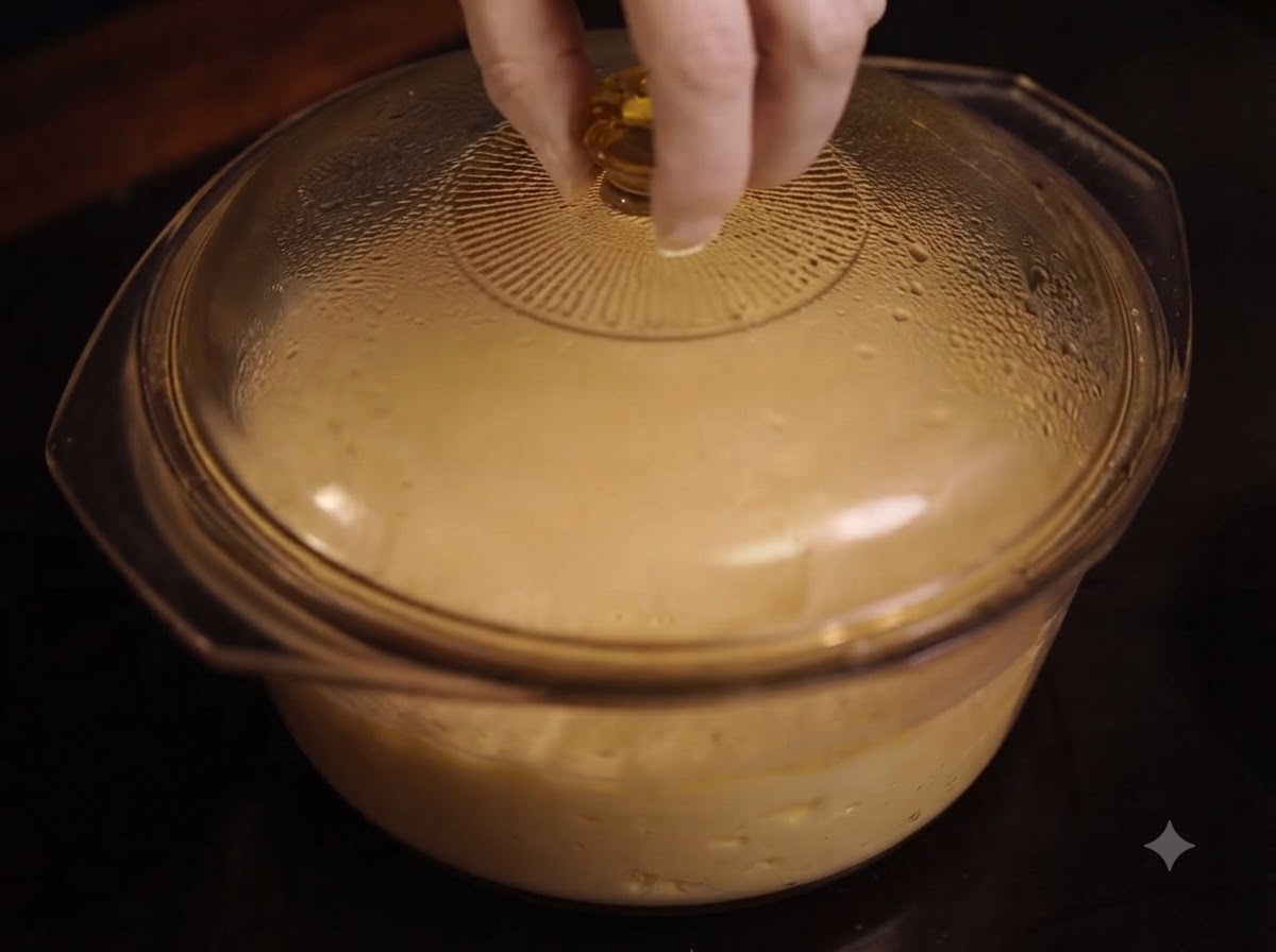 Un couvercle en verre placé sur le dessus dune casserole remplie de mélange de ricotta mijotant.