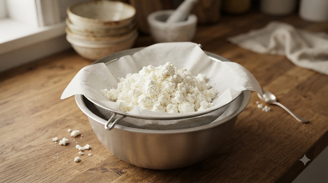 Un bloc de ricotta fraîche reposant sur du papier filtre à lintérieur dune passoire en fil de fer.