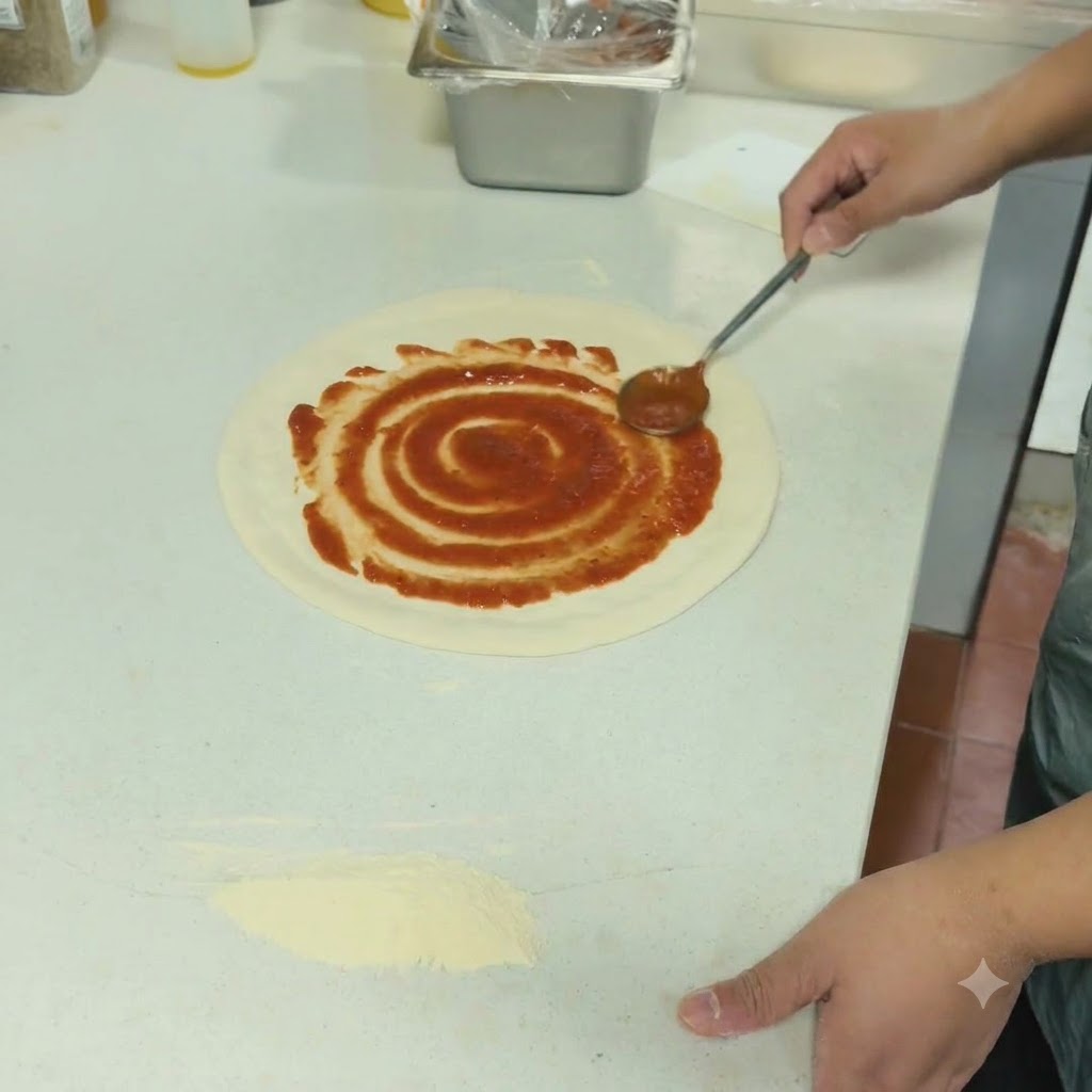 Sauce tomate rouge étalée en spirale sur la pâte à pizza à laide dune cuillère.