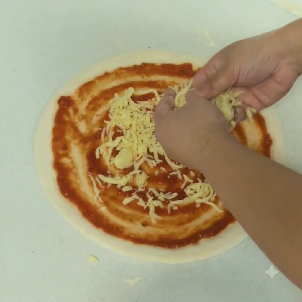 Mains saupoudrant du fromage râpé uniformément sur la sauce tomate de la pizza.