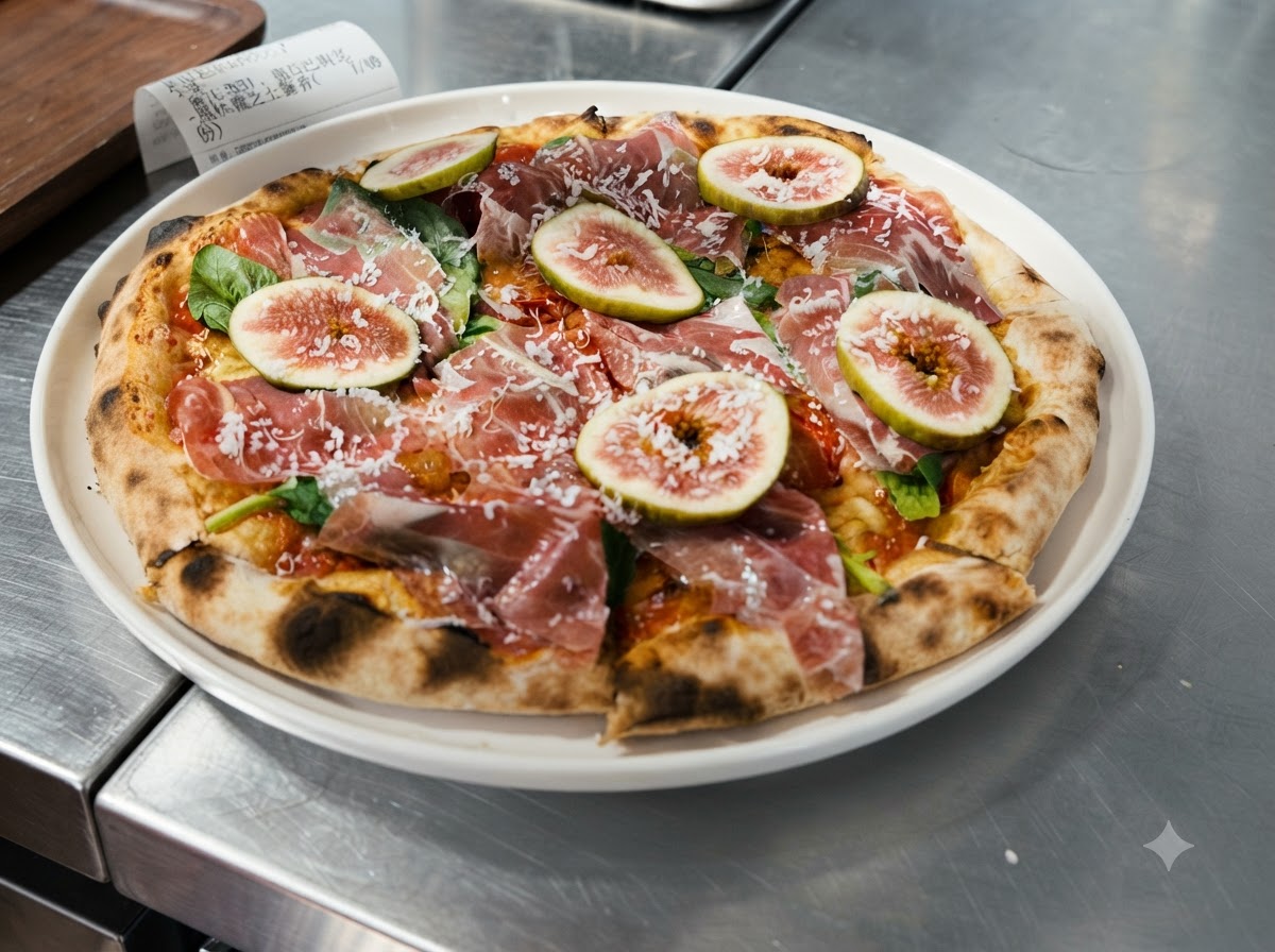 Fromage fraîchement râpé tombant sur une pizza garnie de prosciutto et de figues.