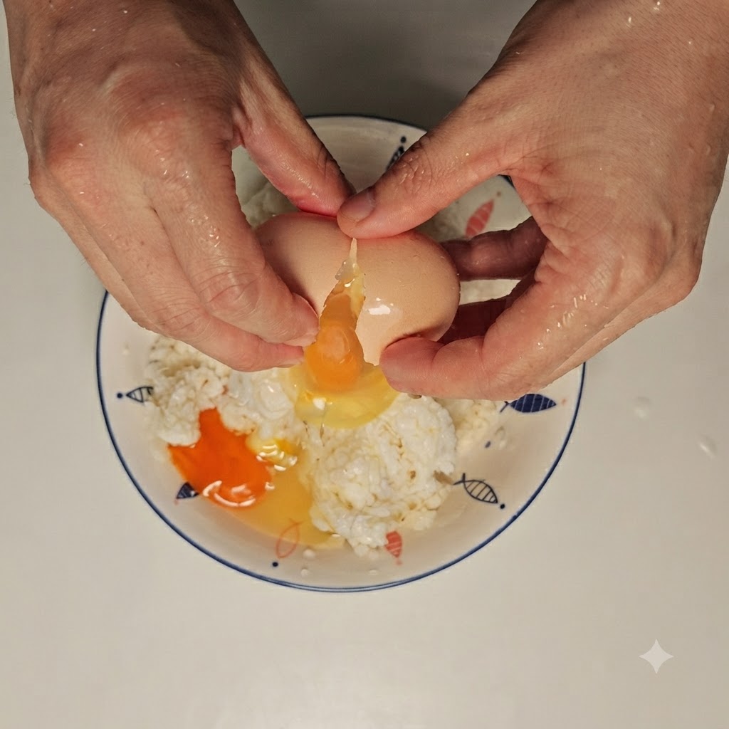 Un œuf cru cassé dans un bol contenant des miettes de pain blanches.