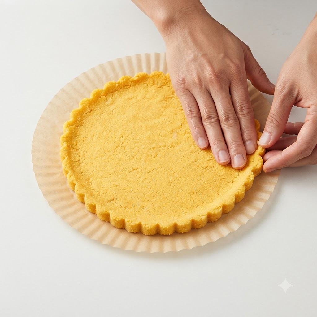Des mains pressant et façonnant une base de pâte jaune ronde avec un bord surélevé sur du papier sulfurisé.