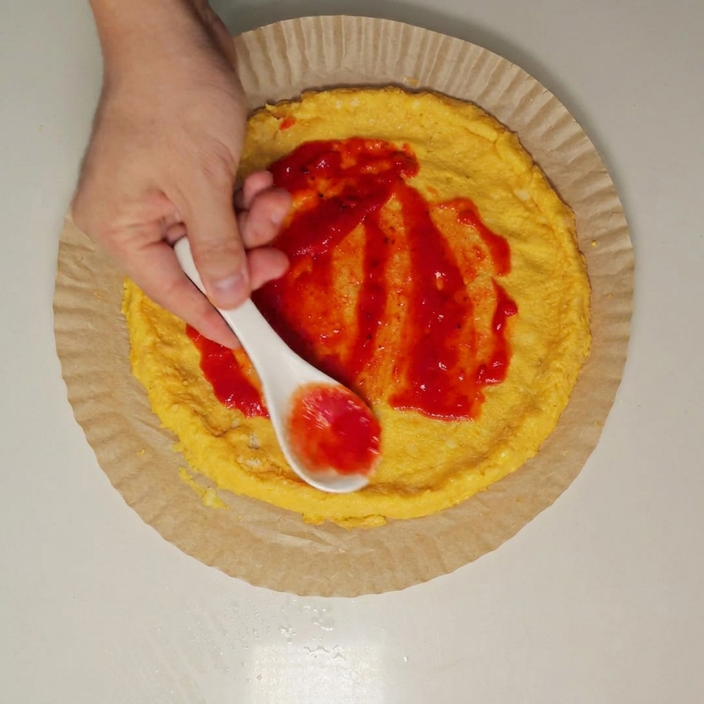 Une cuillère étalant une sauce tomate rouge vif uniformément sur une base de pâte à pizza ronde.