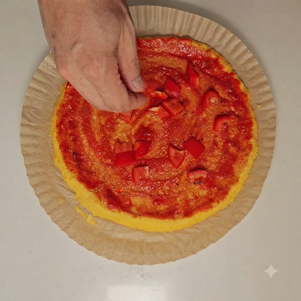 Une personne saupoudrant du fromage râpé sur des poivrons coupés en dés sur une base de sauce tomate rouge.