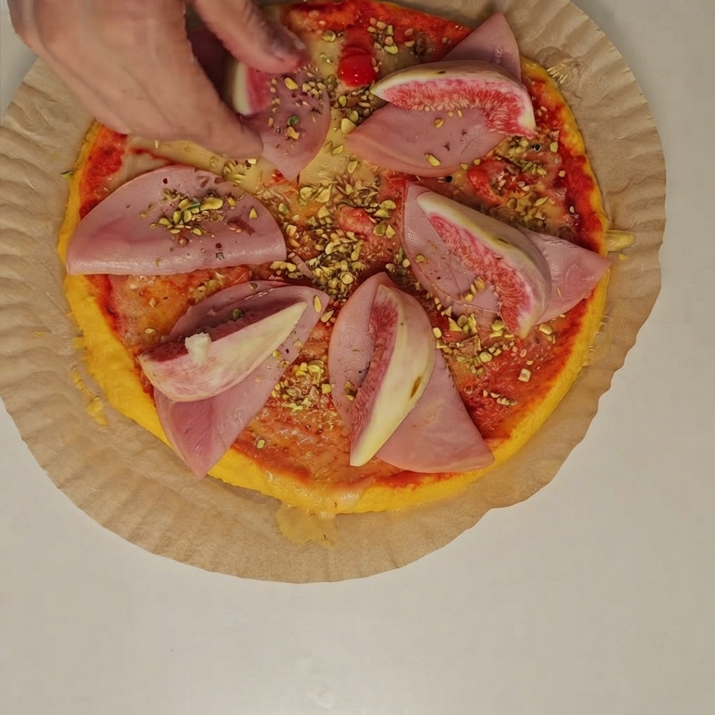 Une personne plaçant des quartiers de figues fraîches et des pistaches concassées sur des tranches de jambon de la pizza.