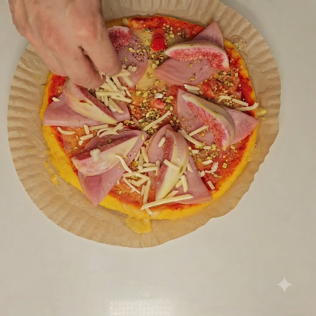 Une main ajoutant une dernière pincée de fromage râpé sur le dessus des figues et du jambon avant la cuisson finale.