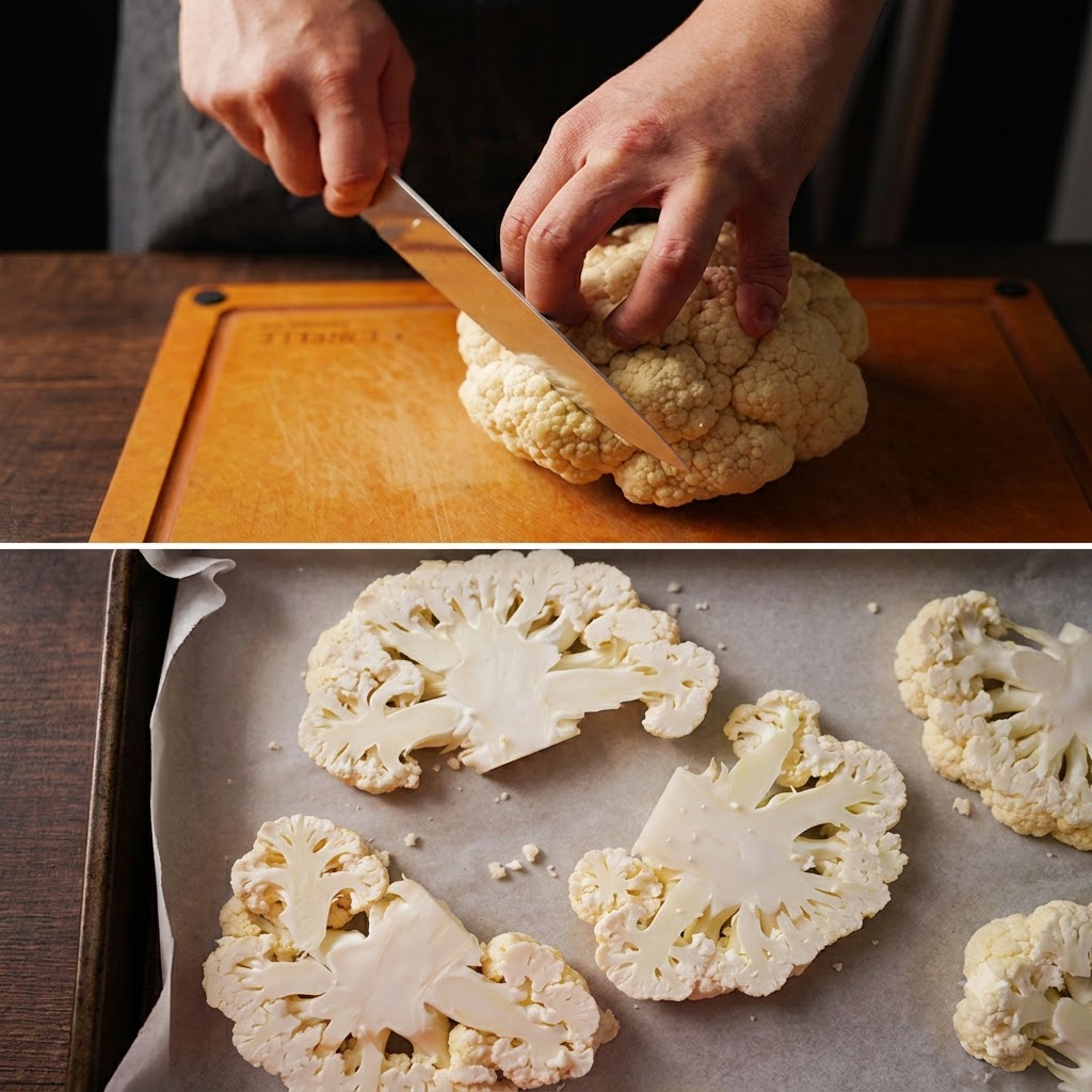 Gros plan sur les mains dun cuisinier coupant une tête de chou-fleur blanc frais en tranches épaisses sur une planche en bois.