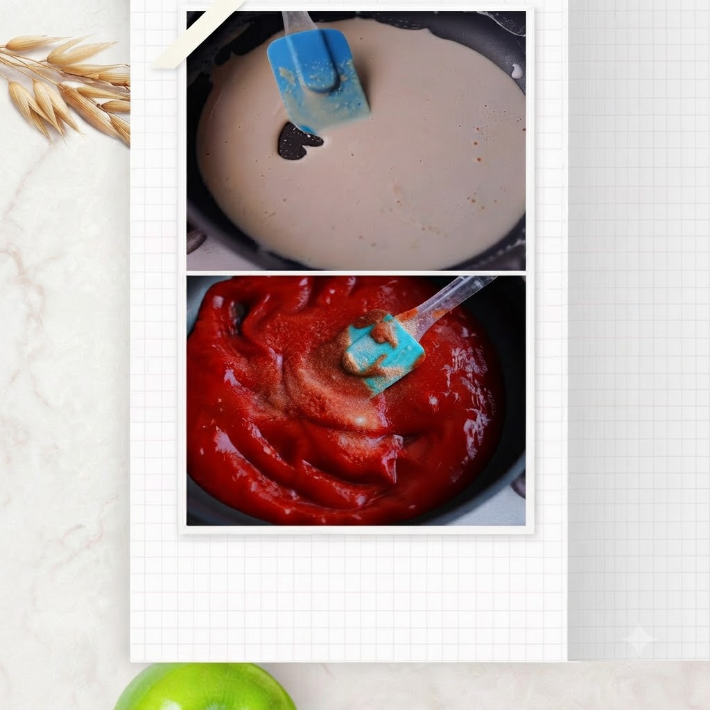 Une spatule bleue remuant et mélangeant une sauce tomate rouge foncée et riche qui bouillonne dans une poêle.