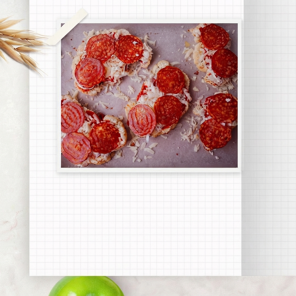 Vue de dessus des tranches de chou-fleur préparées, recouvertes de sauce tomate, de fromage fondu et de rondelles de pepperoni sur du papier sulfurisé.