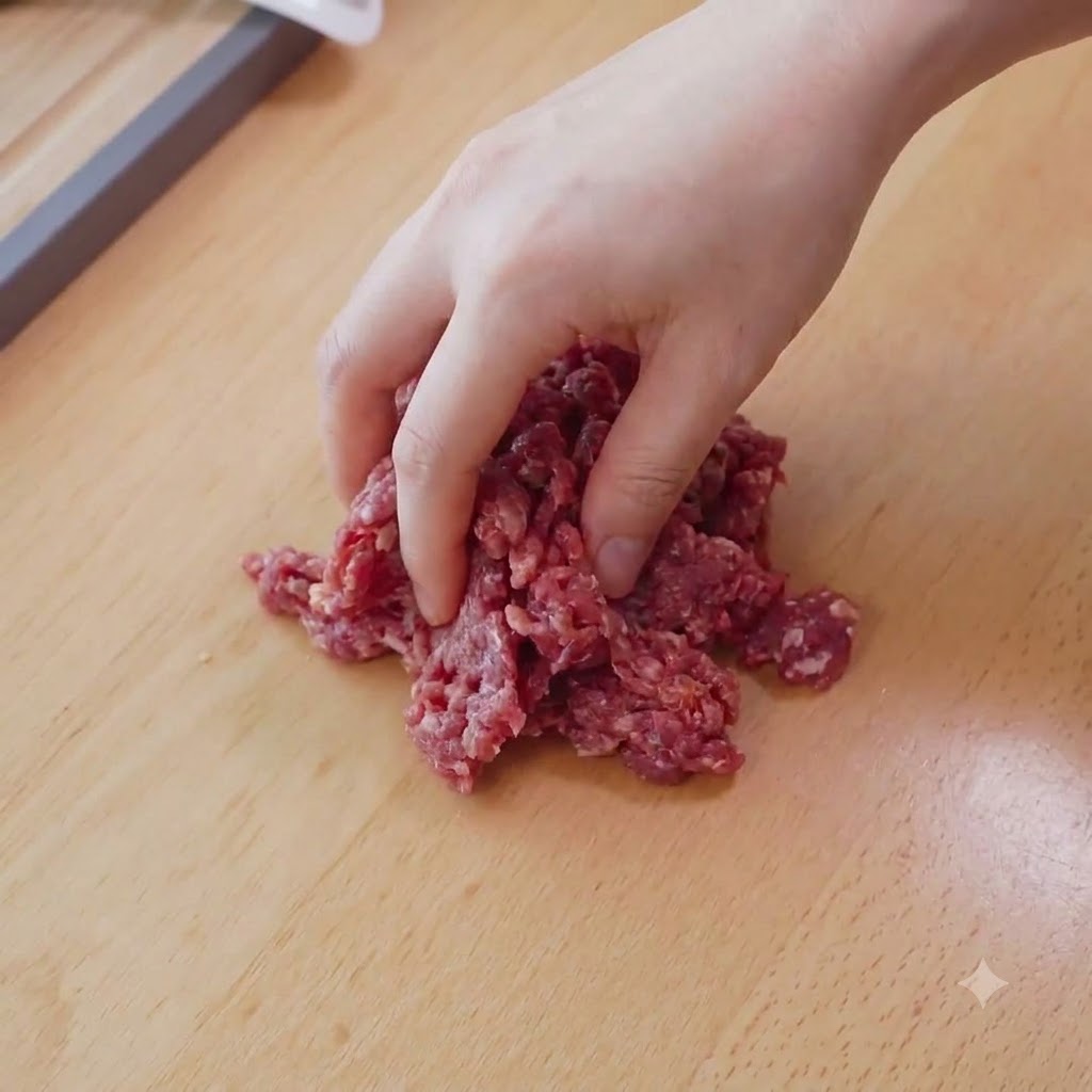 Une main mélangeant le bœuf cru en dés avec les ingrédients de la marinade sur une planchette en bois.
