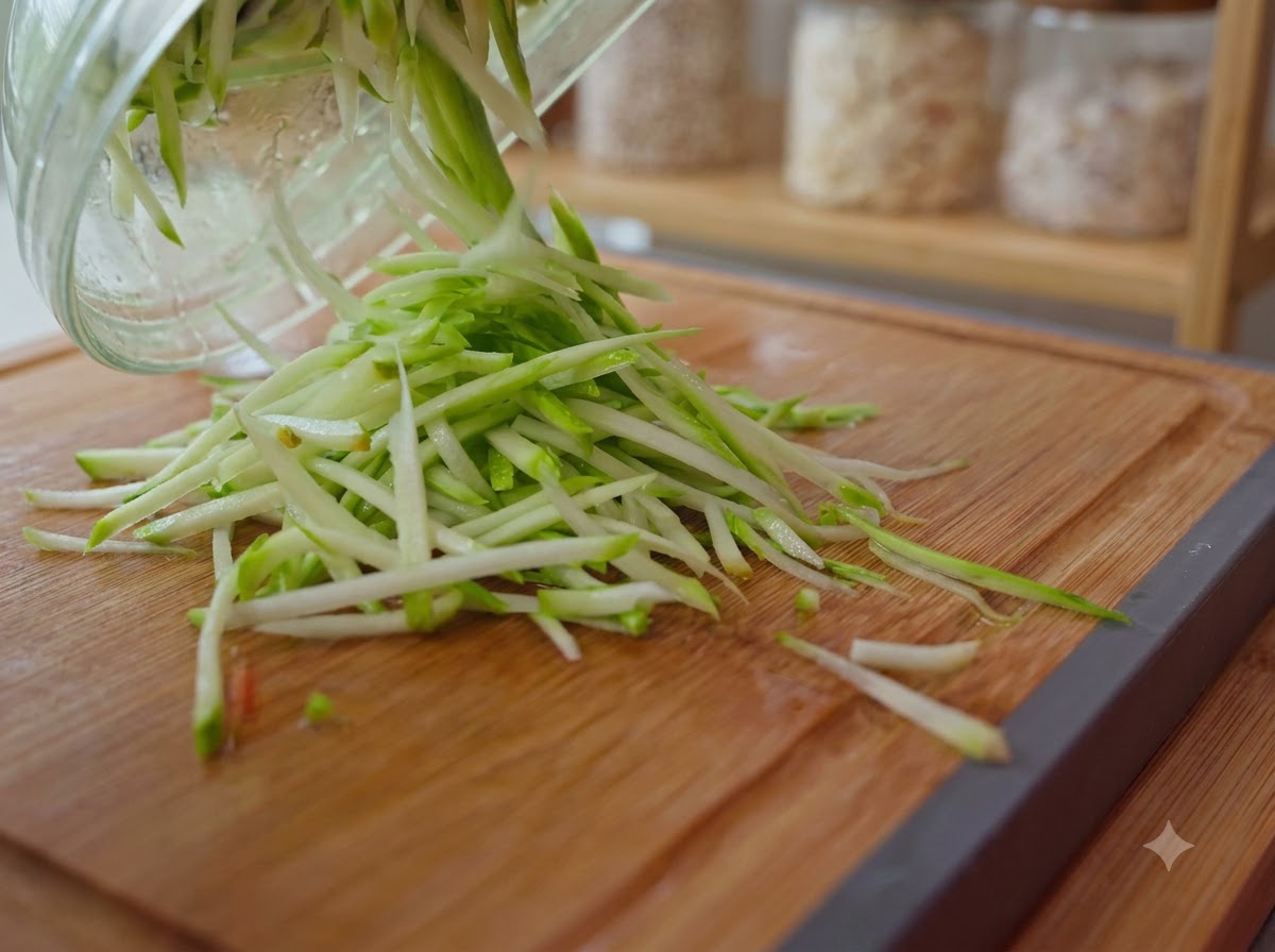 Des lamelles fraîches de courgette et de carotte glissant dun bol en verre sur une planche à découper en boiscite: 1.