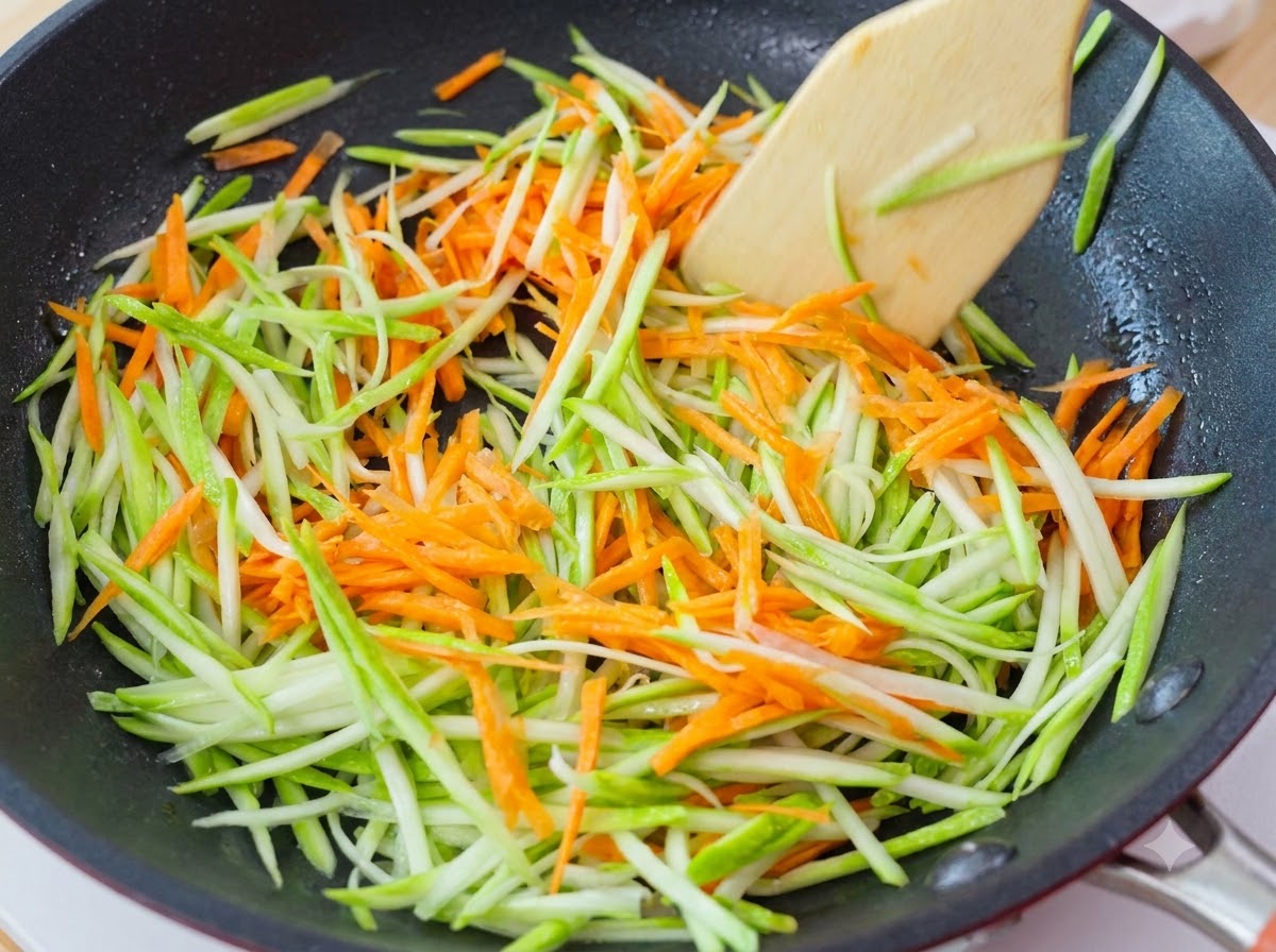Des lamelles de courgette verte et de carotte orange en train dêtre sautées dans une poêle avec une spatule en bois.