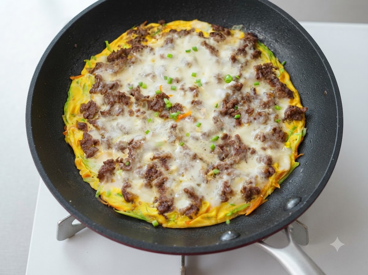 Une galette de bœuf au fromage et aux courgettes entièrement cuite dans une poêle, garnie de fromage fondu et doignons verts hachés.