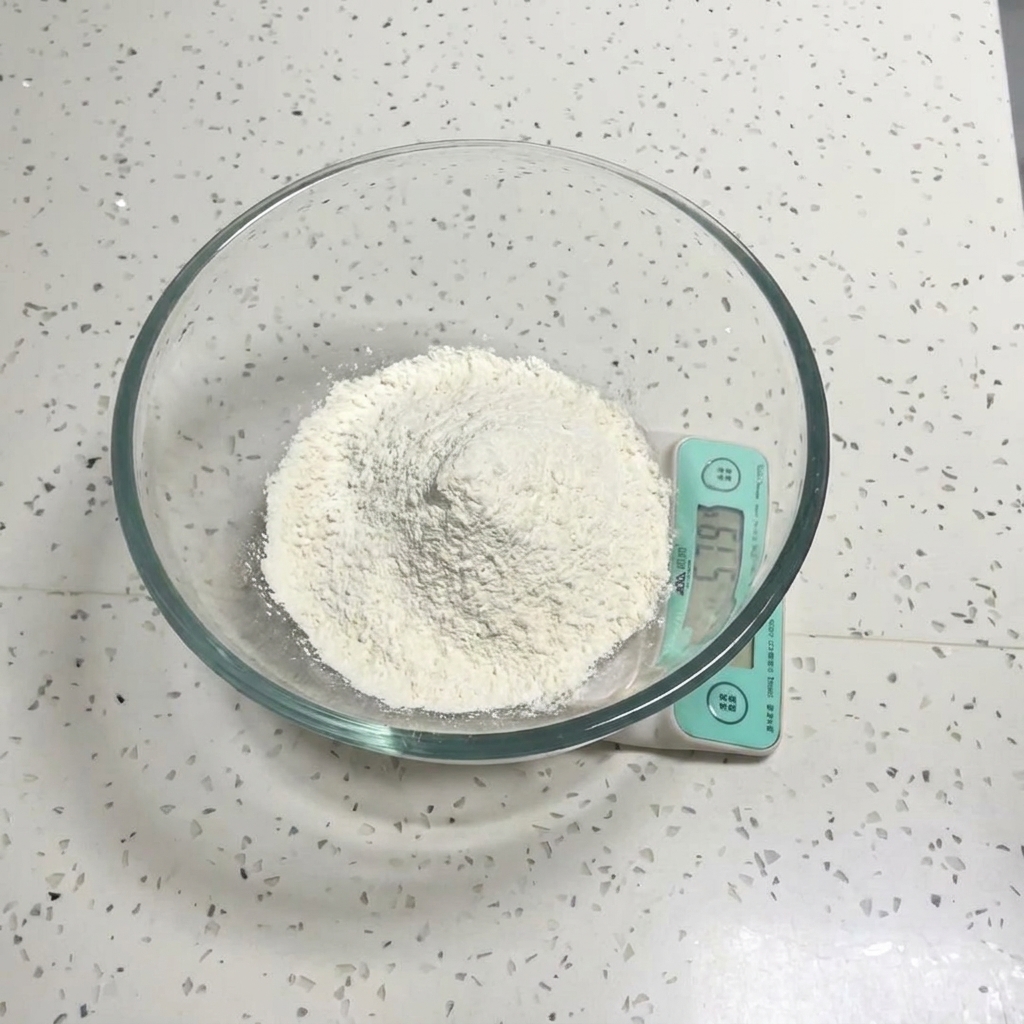 Un bol mélangeur en verre transparent contenant de la farine blanche posé sur une balance de cuisine numérique.