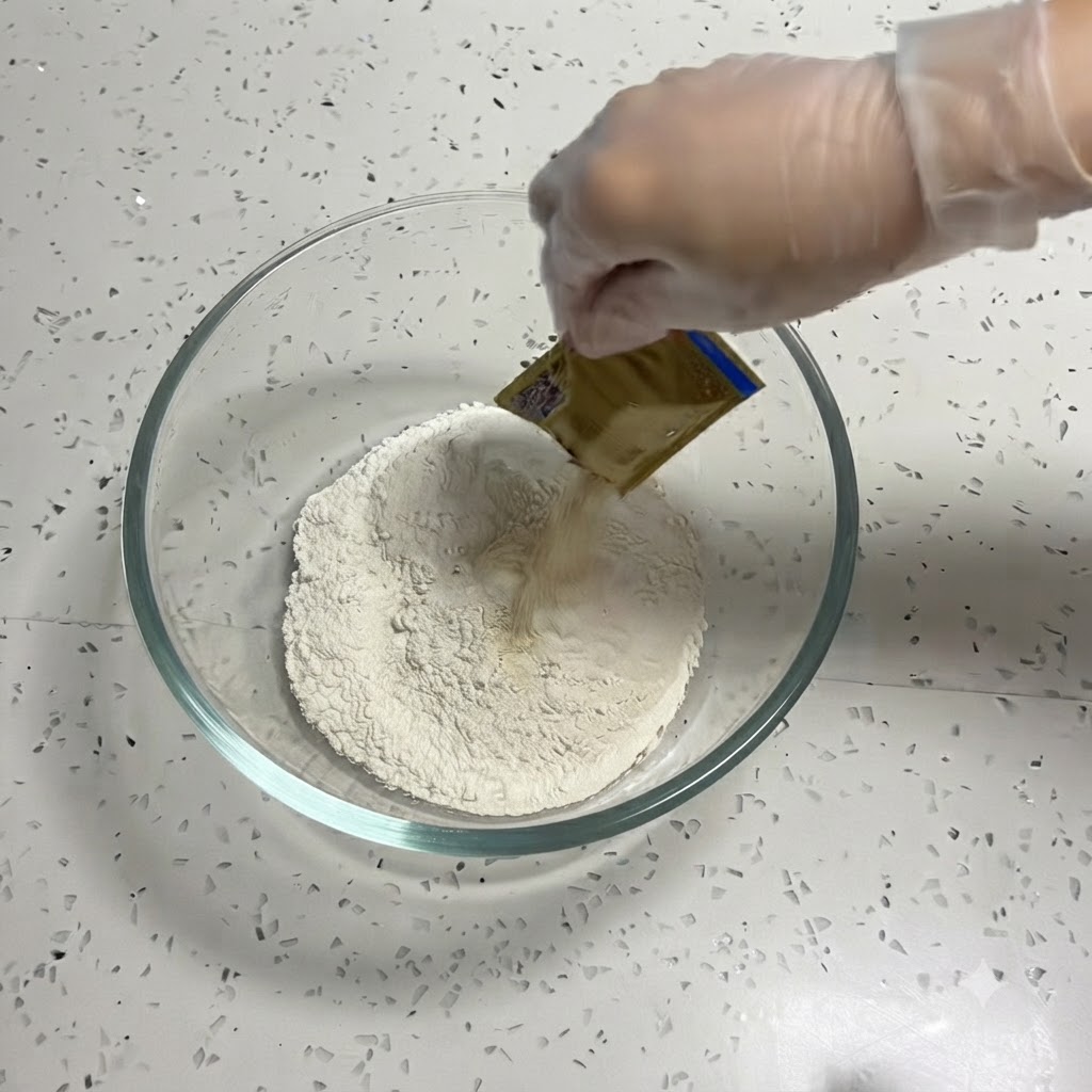 Une main gantée versant de la poudre de levure sèche dun petit sachet dans un bol de farine.