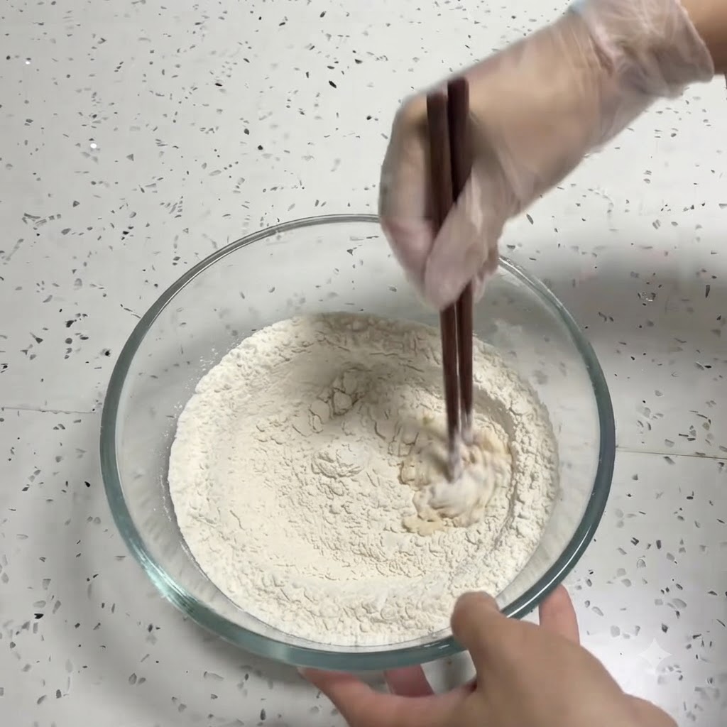 Une main utilisant des baguettes en bois pour remuer la farine, la levure, le sucre et le sel dans un bol en verre.