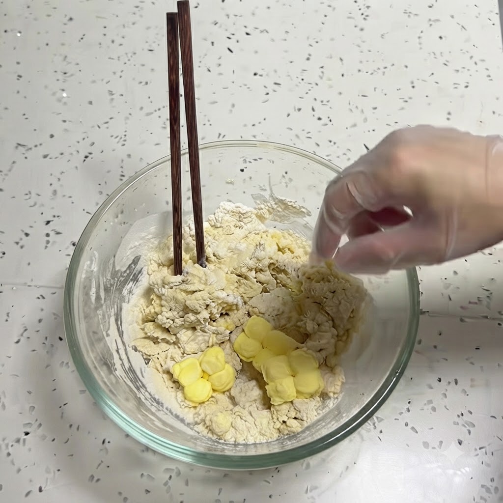 Des morceaux de beurre jaune ajoutés sur le dessus dune pâte mélangée et rustique à lintérieur dun bol en verre.