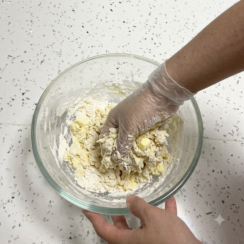 Une main portant un gant en plastique pétrissant la pâte collante et le beurre à lintérieur dun bol en verre.