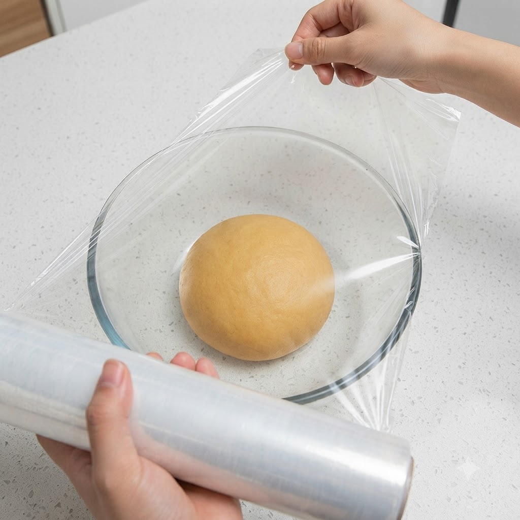 Du film plastique étiré sur un bol en verre contenant une boule de pâte lisse.