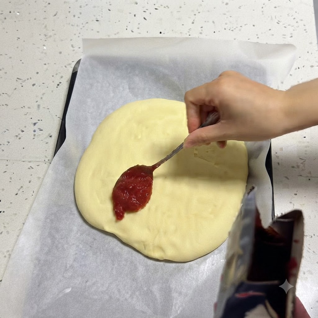Une main utilisant une cuillère pour étaler de la sauce à pizza rouge sur une croûte de pizza partiellement cuite.