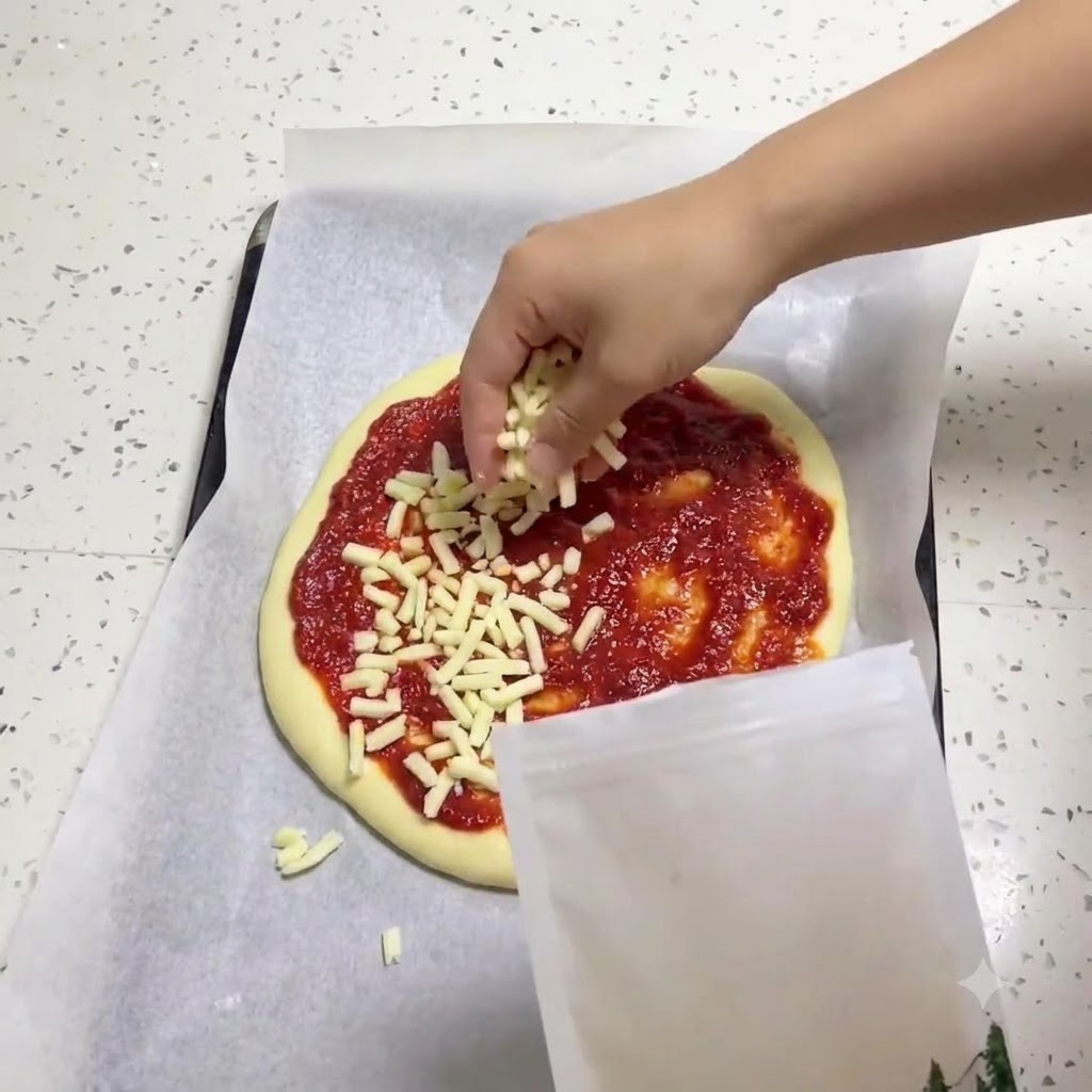 Une main saupoudrant du fromage mozzarella râpé dun sachet sur une croûte de pizza garnie de sauce rouge.