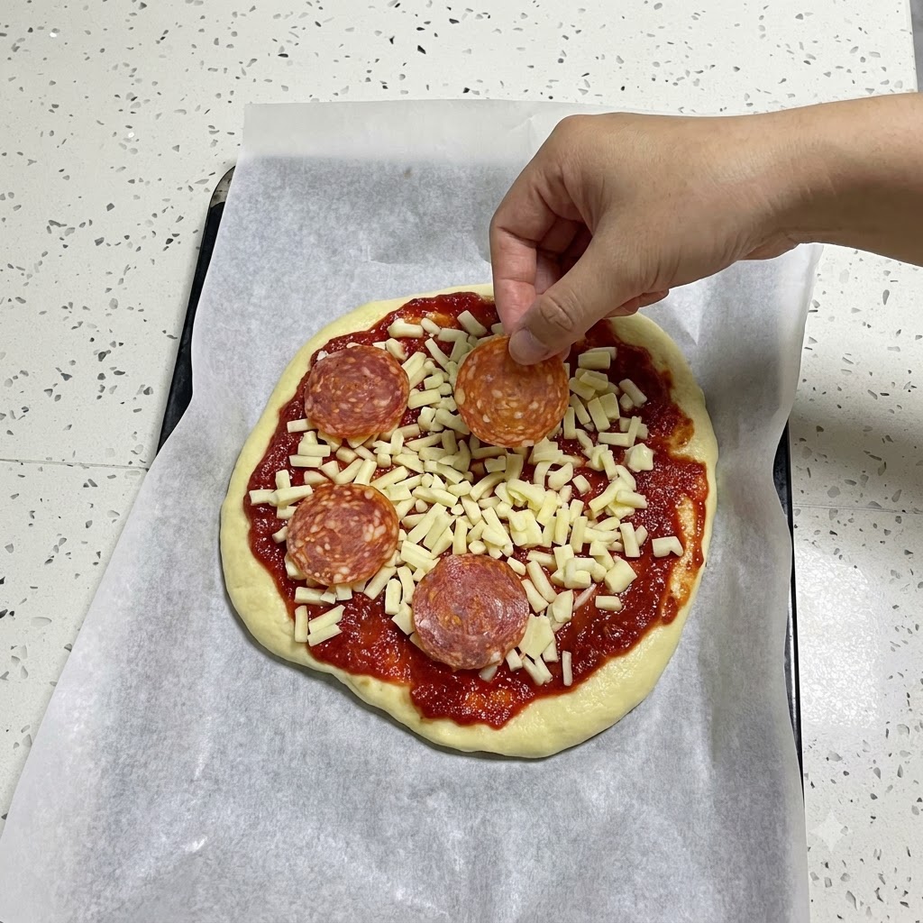 Une main plaçant des tranches rondes de salami sur une pizza non cuite recouverte de sauce et de fromage râpé.