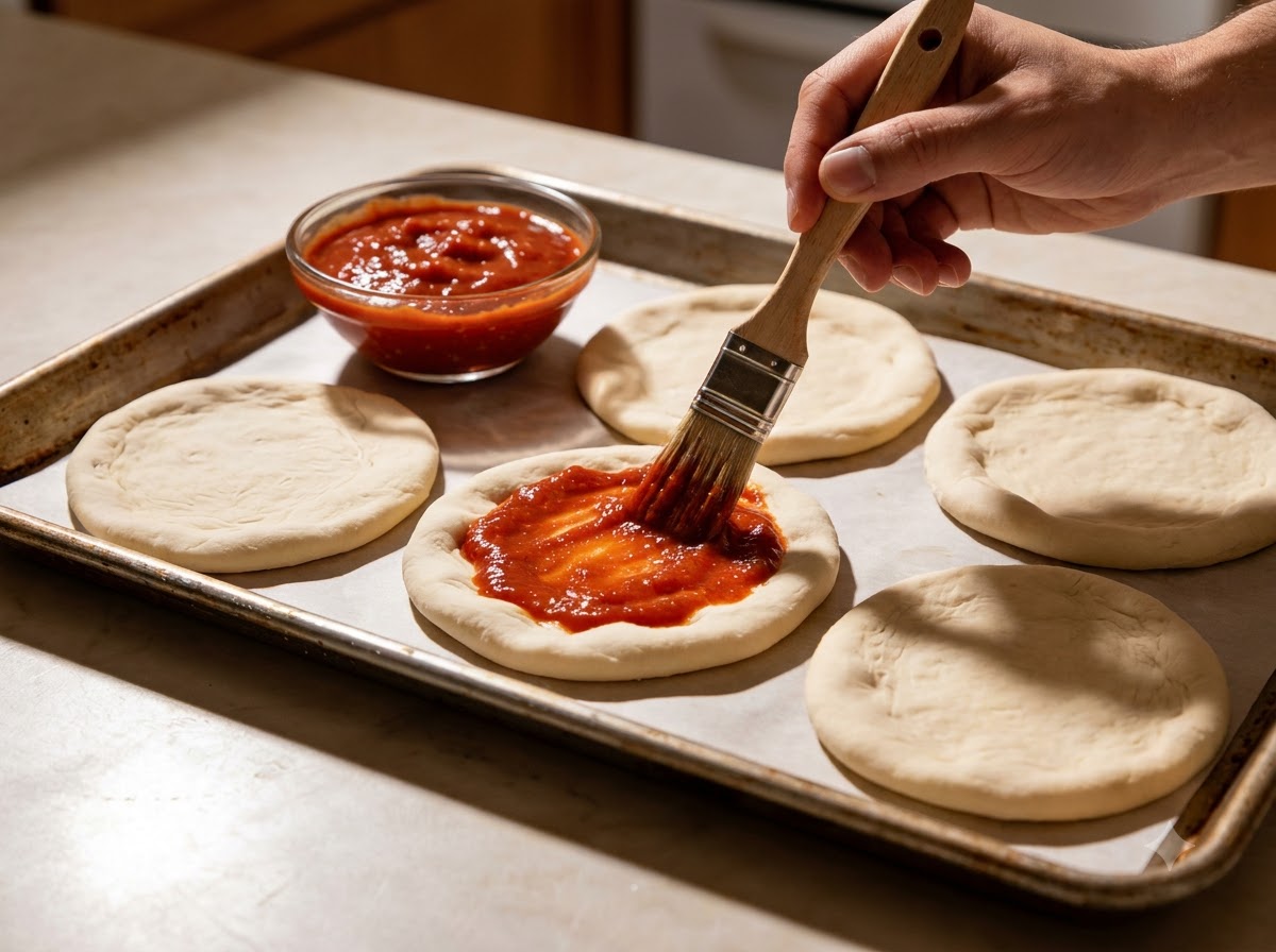 Boules de pâte à pizza aplaties sur une plaque de cuisson badigeonnées de concentré de tomate rouge.