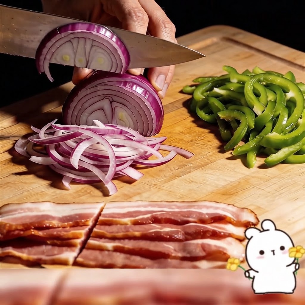 Tranches fines doignons rouges et lanières de poivron vert sur une planche à découper à côté de tranches de bacon.
