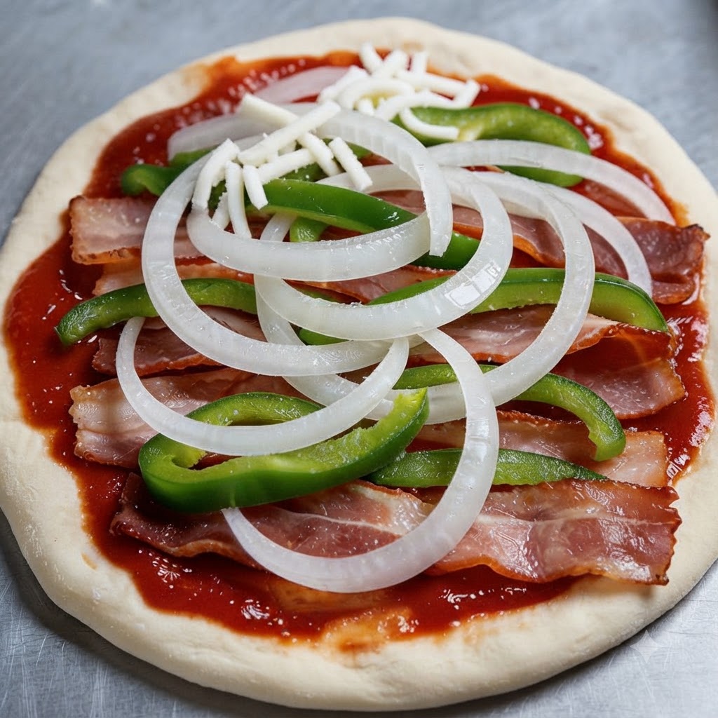 Une base de pizza recouverte de sauce tomate, de bacon, de tranches doignon, de poivron vert et de mozzarella.