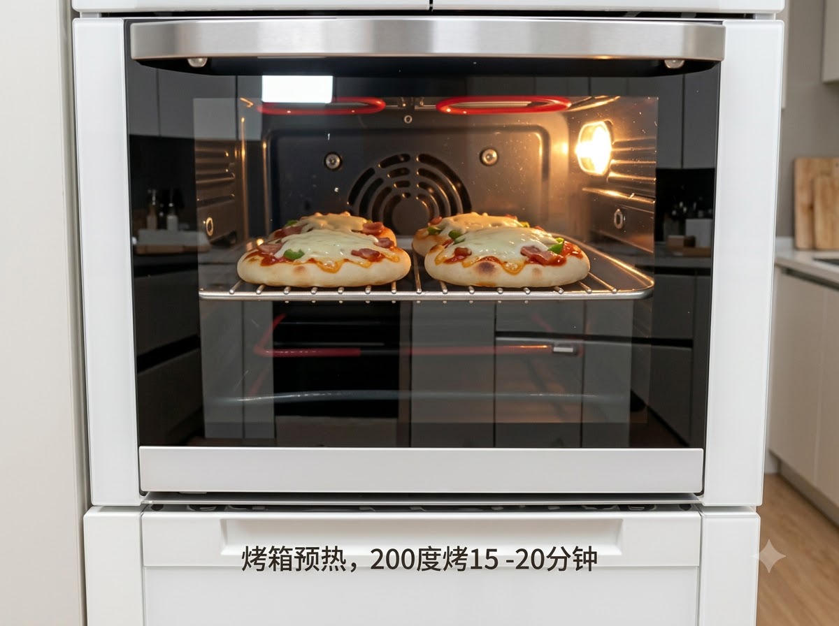 Deux petites pizzas en train de cuire dans un four chaud préchauffé avec des éléments chauffants visibles.