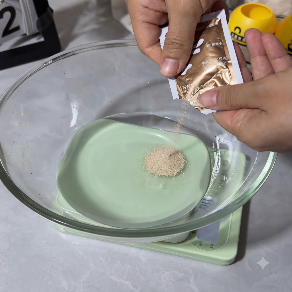 Levure sèche versée dun sachet dans un bol en verre contenant de leau froide sur une balance numérique.
