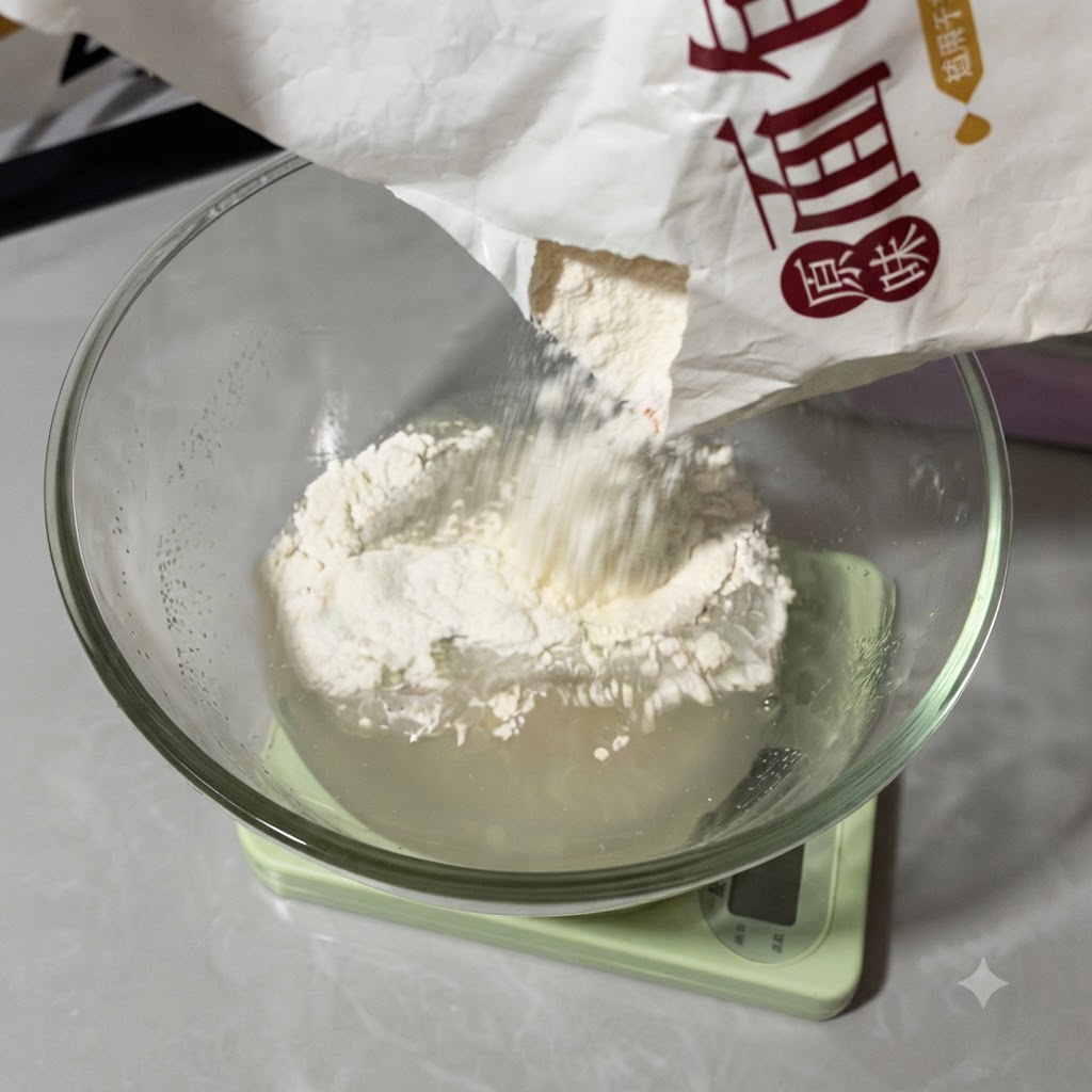 Farine blanche versée dun sac dans le bol en verre contenant le mélange deau et de levure.