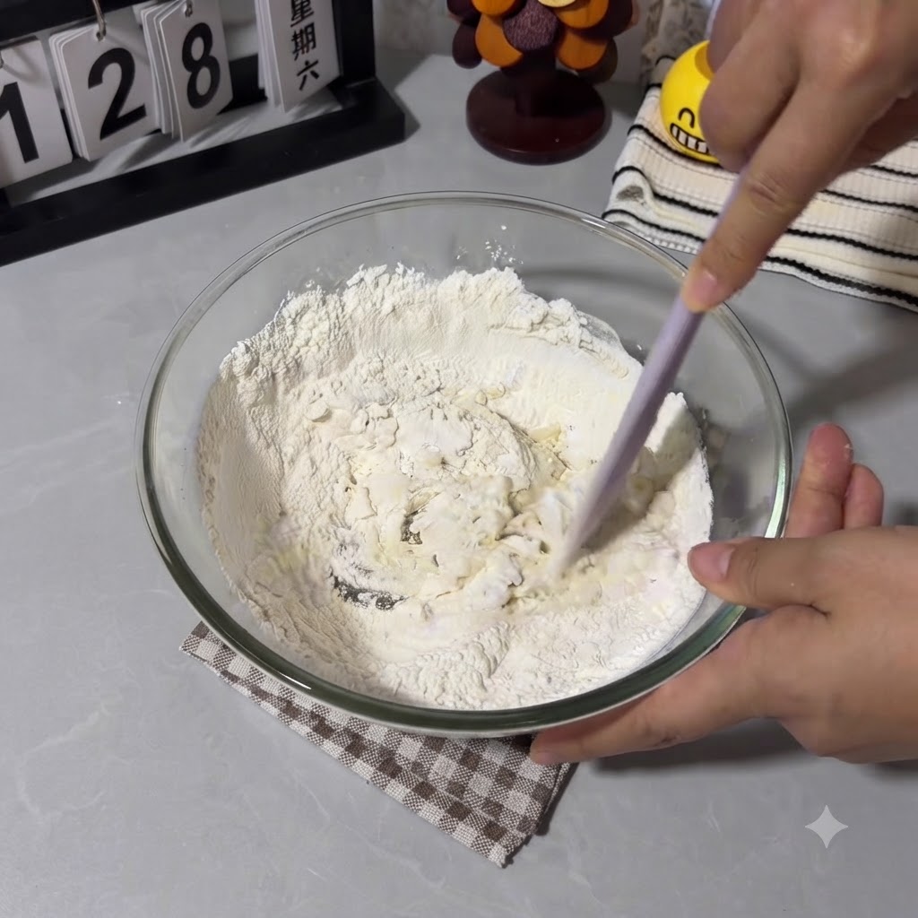 Une main utilisant une spatule en silicone violette pour mélanger la farine et leau afin dobtenir une pâte irrégulière dans un bol en verre.