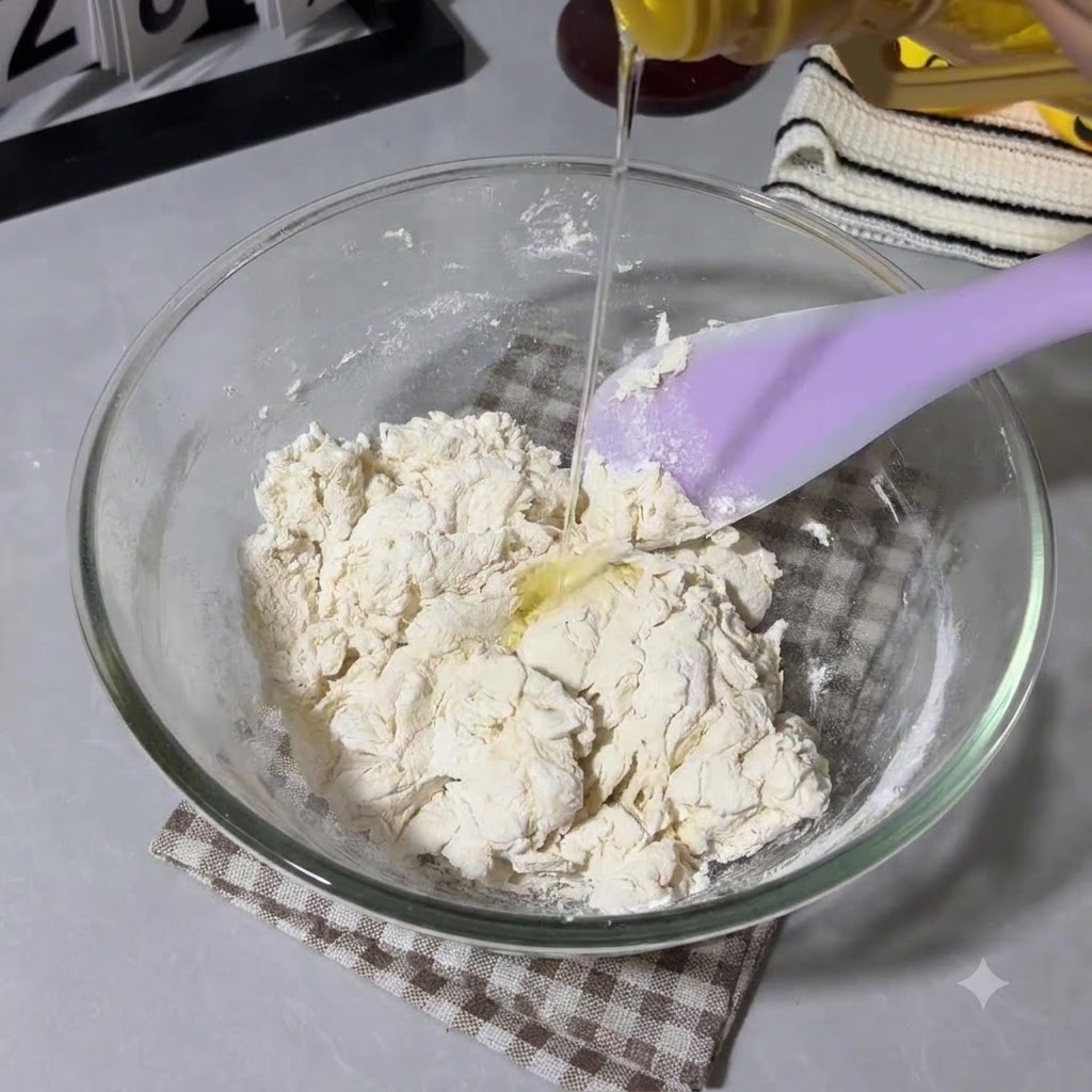 Huile de maïs versée dune bouteille sur la pâte dans le bol en verre, à côté dune spatule.