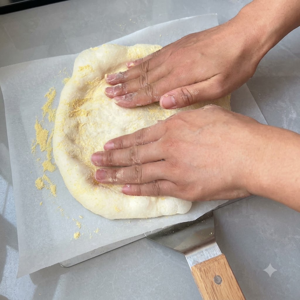 Mains pressant et étirant la pâte à pizza en forme de cercle sur du papier sulfurisé saupoudré de semoule de maïs.