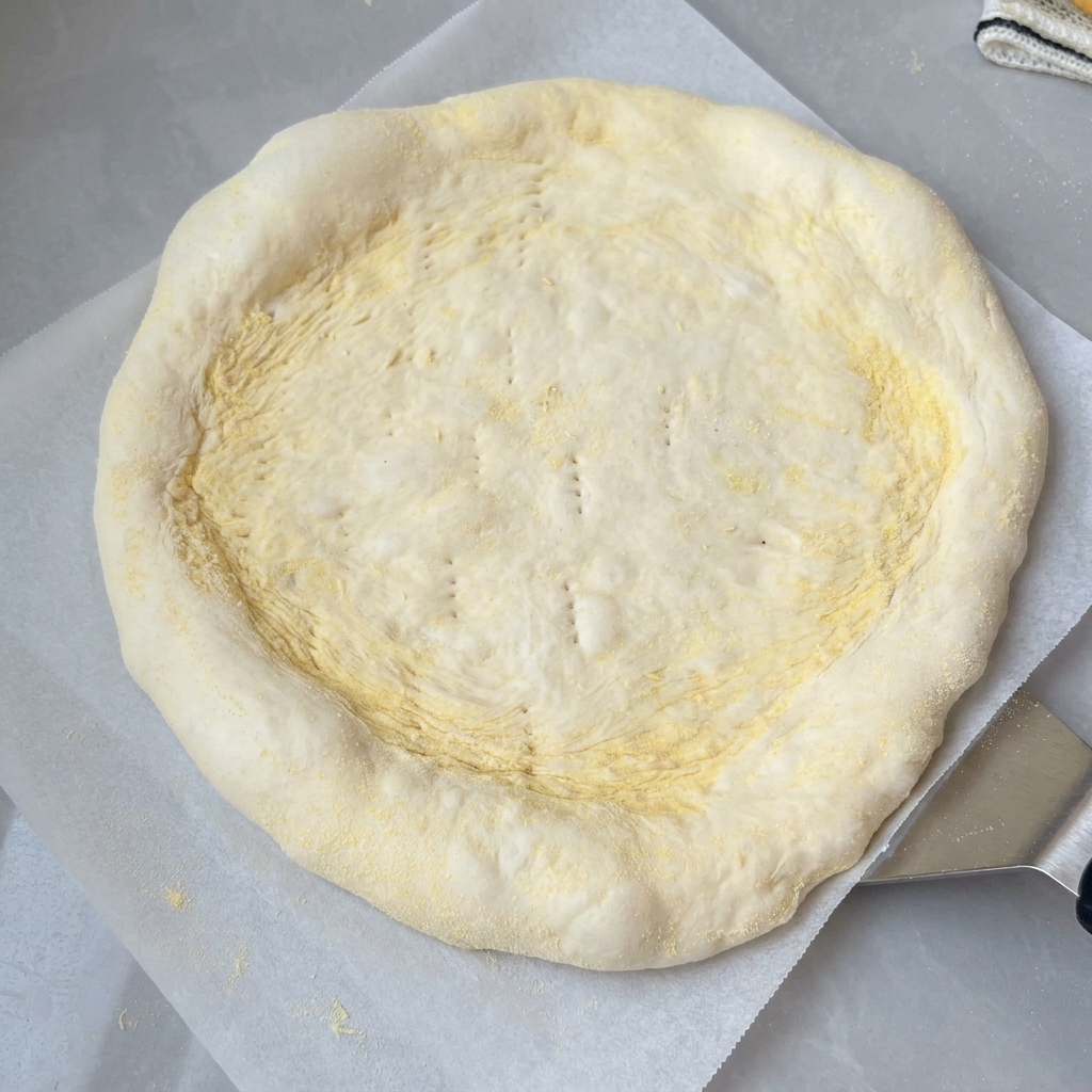 Pâte à pizza aplatie sur du papier sulfurisé avec de petits trous de fourchette piqués sur toute la surface.