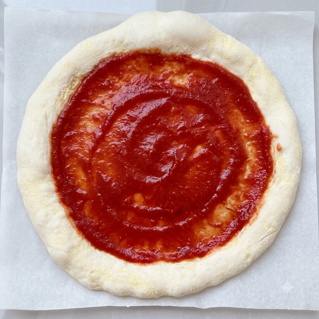 Sauce tomate rouge étalée en spirale circulaire au centre de la pâte à pizza crue.