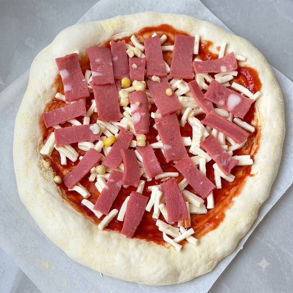 Base de pizza crue recouverte de sauce tomate, de fromage râpé, de morceaux de bacon et de grains de maïs.
