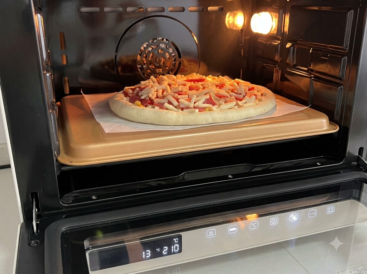 Pizza crue entièrement assemblée sur une plaque de cuisson dorée à lintérieur dun four éclairé et préchauffé.