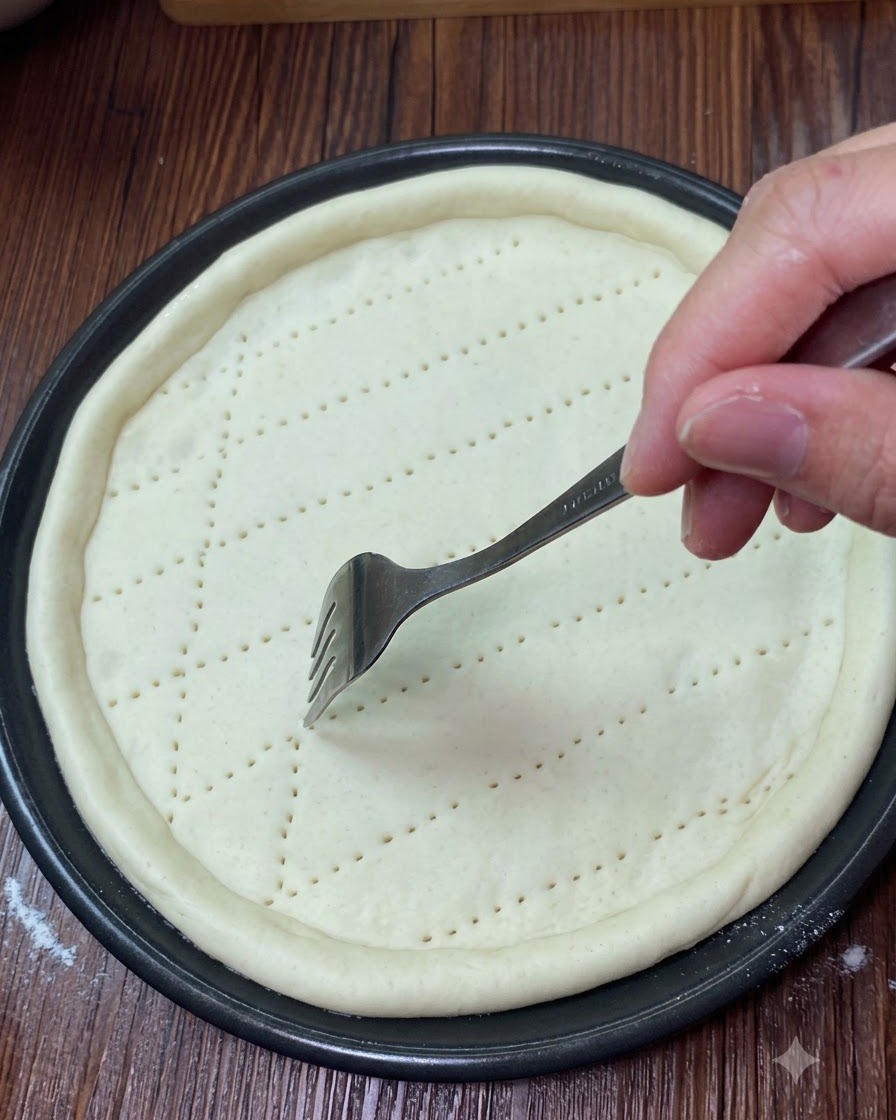 Une cuillère étalant la sauce sur la surface de la pâte à pizza piquée.