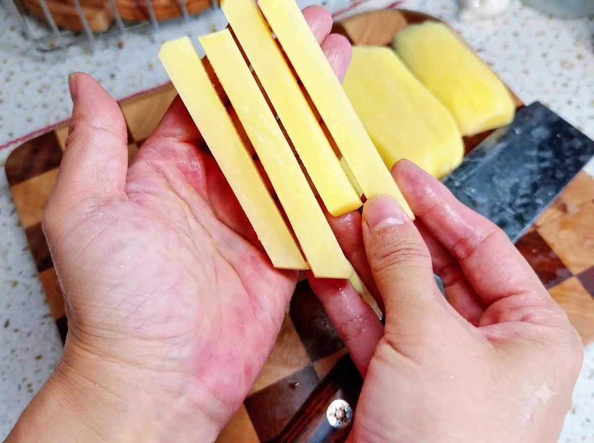 Mains enveloppant soigneusement une tranche de bacon cru autour dun bâtonnet de pomme de terre jaune sur une planche en bois.