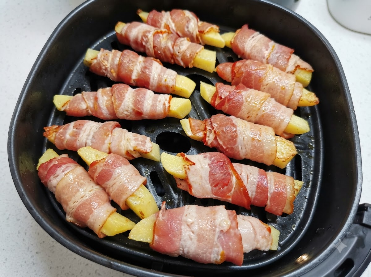 Pommes de terre enrobées de bacon disposées dans le panier de la friteuse à air et arrosées dhuile à laide dun flacon blanc.