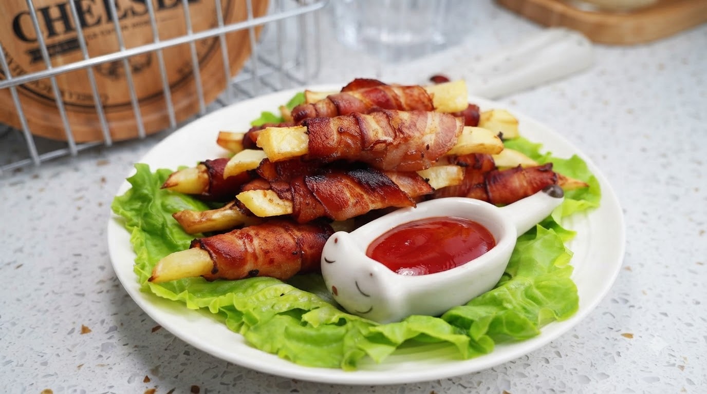 Bâtonnets de pommes de terre au bacon dorés servis sur un lit de feuilles de salade fraîches avec une portion de ketchup.