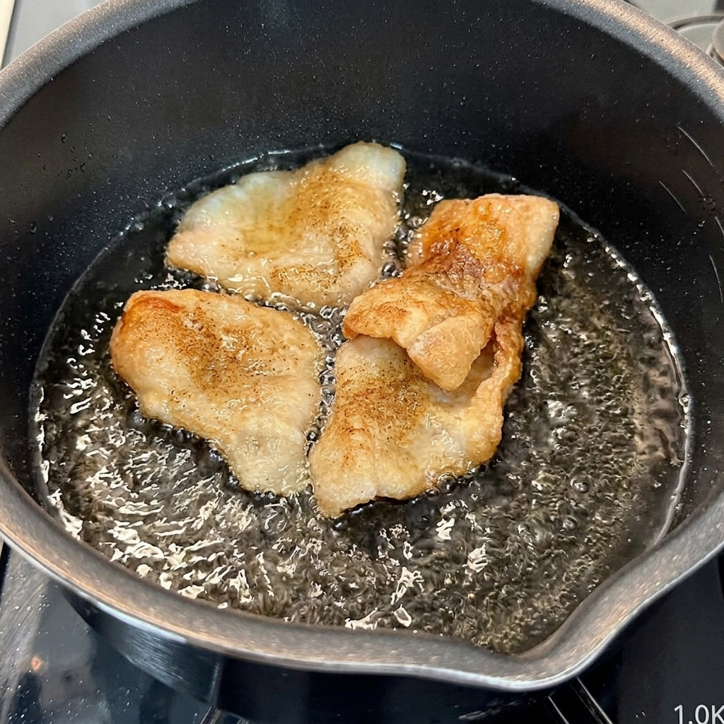 Assaisonnements liquides se mélangeant dans leau bouillante et la poitrine de porc dans la casserole.