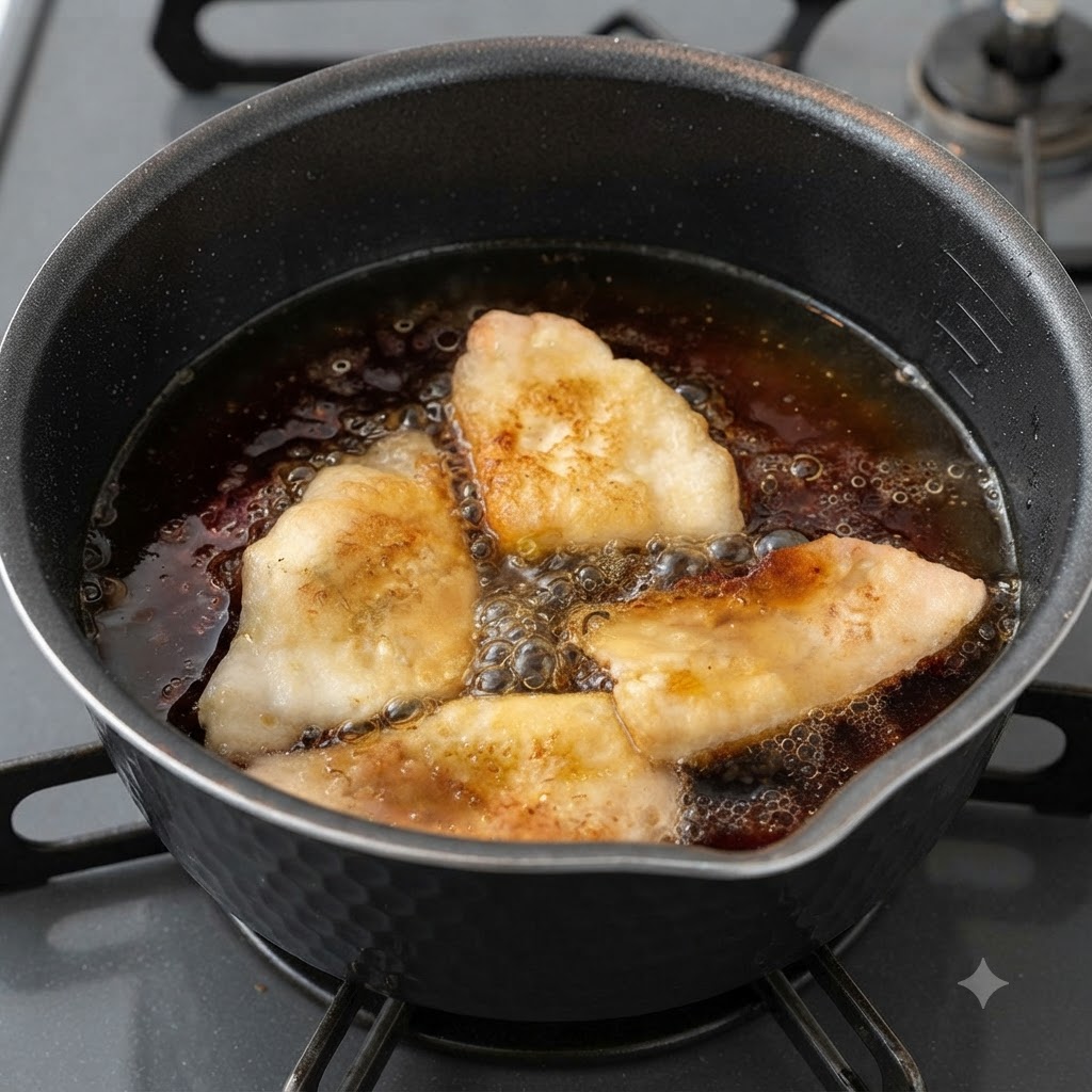 Mirin et saké de cuisine ajoutés au bouillon sombre mijotant dans la casserole avec la poitrine de porc.