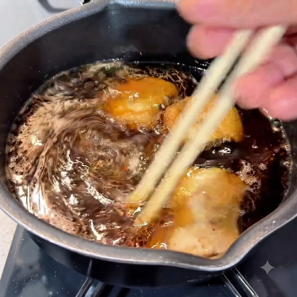 Nouilles ramen cuites et poitrine de porc mélangées dans le bouillon de soupe mijotant à laide de baguettes en bois.
