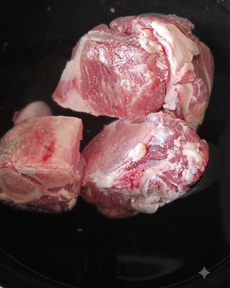 Gros plan sur les os de porc blanchis en train dêtre rincés à leau chaude.