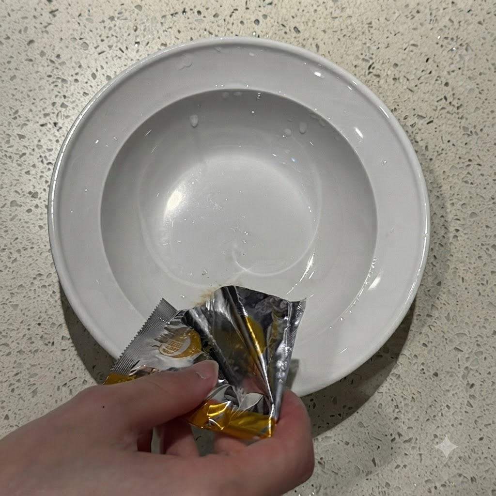 Poudre dassaisonnement pour ramen versée dun sachet argenté au fond dun bol en céramique blanche.