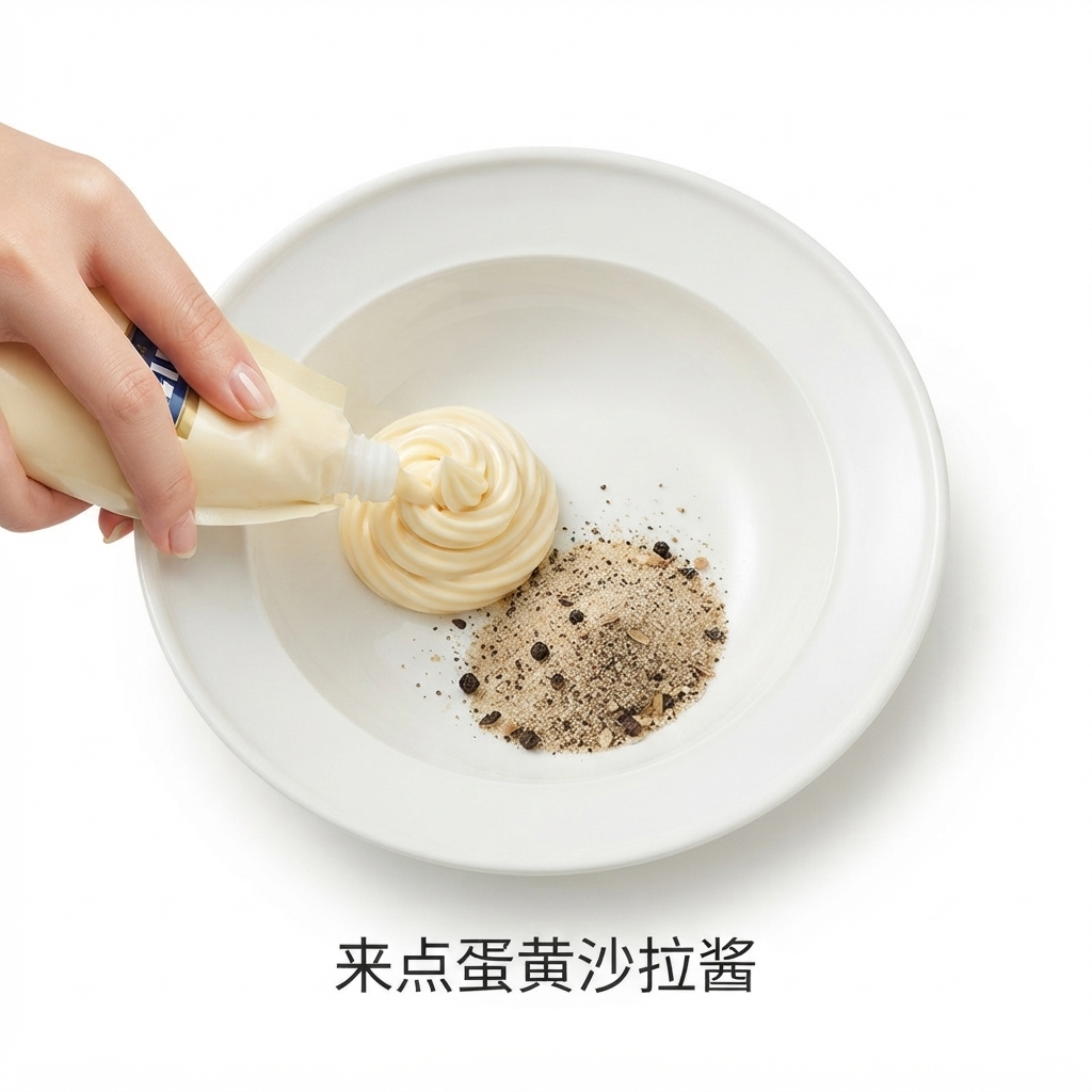 Un filet de mayonnaise blanche pressé dun tube dans un bol blanc à côté de la poudre dassaisonnement.